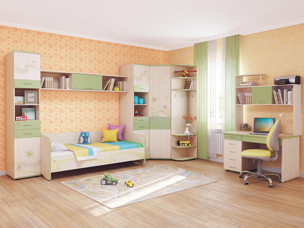 Для детской спальни дизайнеры рекомендуют использовать обои синего, зеленого либо же оранжевого цвета, а вот мебель не должна быть пёстрой